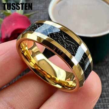 New 8MM Black Meteorite Beveled Polished Finish Comfort Fit Tungsten Gold Wedding Rings for Men and Women - The Jewellery Supermarket